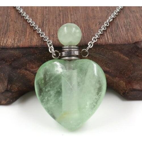 FYJS Unique Jewelry Stainless Steel Love Heart Green Fluorite Stone Perfume Bottle Pendant Link Chain Necklace
