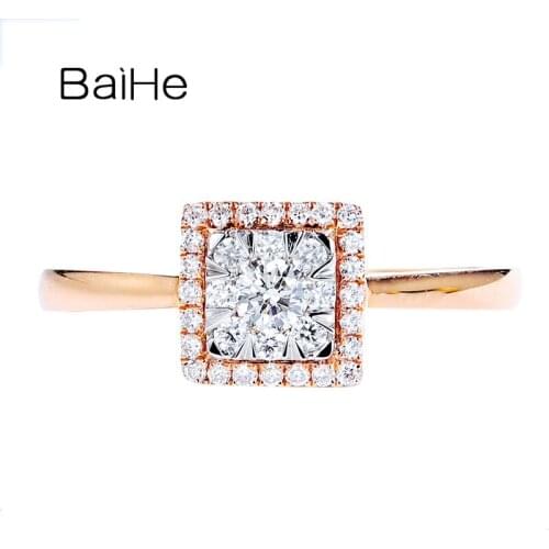 BAIHE Solid 14K White+Rose Gold 0.23ct H/SI Natural Diamond Wedding Trendy Fine Jewelry Princess Square Round Diamond Gift Ring