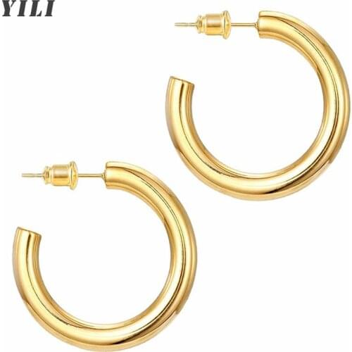 Chunky Gold Hoop Earrings for Women 14k Gold Plated Hoop Earrings Dainty Geometric C Shape Round Circle Earrings Jewelry Gift