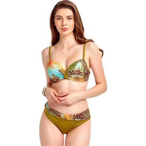 Oil Green Color Leopard Patterned Slim Underwire 2 Piece Bikini Suit 2021 New Season Swimwear For Women Very Sexy Beach Fashion