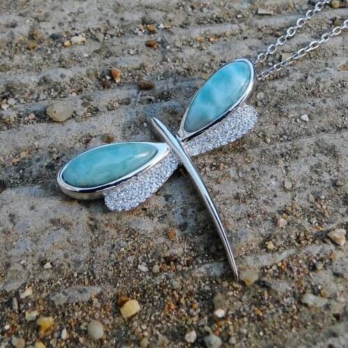 Hot Selling Beautiful 100% 925 Sterling Silver Natural Dominican Larimar & CZ Dragonfly Pendant Necklace for Women Gift