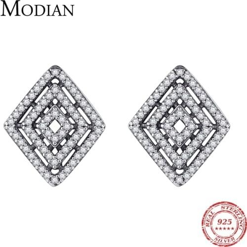 Modian New 925 Sterling Silver Dazzling CZ Retro Geometric Rhombus Stud Earring for Women Luxury Wedding Engagement Fine Jewelry