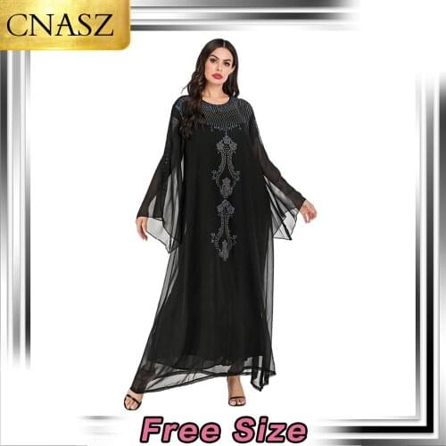 Fashion Muslim Dress Dubai Turkey Chiffon Long Sleeve Dress Islamic Womens Moroccan Arabi Elegant Middle East Loose Clothing