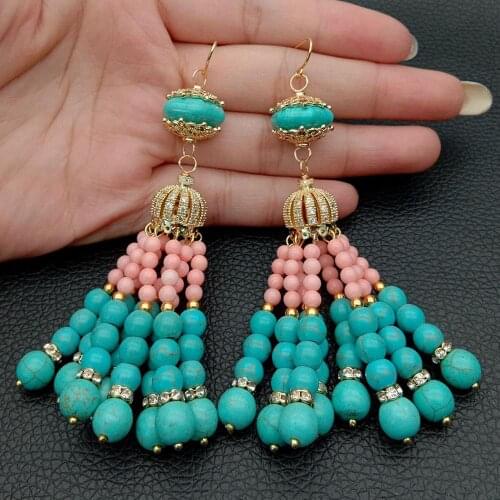 Fashion round Green howlite Pink Coral cubic zirconia mirco pave Hook Earrings ethnic style dangle earrings for women