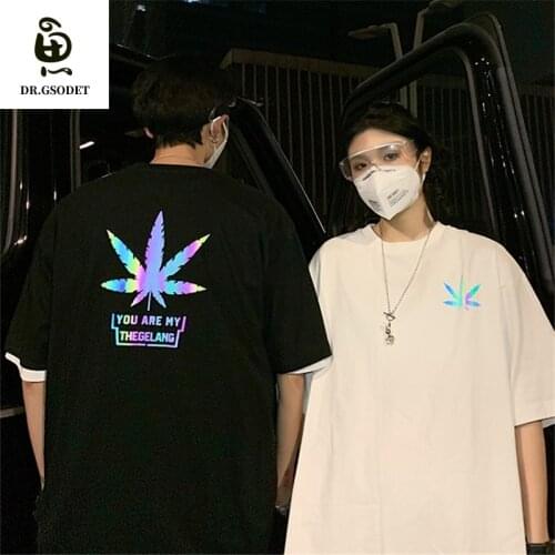 GSODET T-Shirt Couple Ins Reflective Short-Sleeved Maple Leaf Korean O-Neck Loose Roora Half Sleeve Top for Men and Women