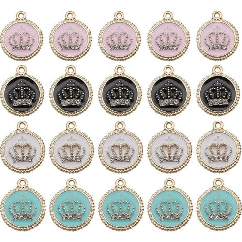Mix 24pcs Gold Plated Enamel Diamond Round Crown Charms Pendant for Jewelry Making Necklace Bracelet Earring DIY Accessories