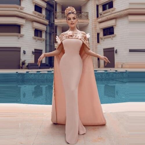 New In Luxury Embroidery Evening Dresses With Shalw Mermaid Floot Length Long Arabic Prom Party Dress Plus Size