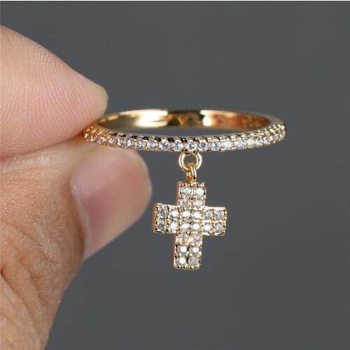 Single Row Round Small Stone Ring White Zircon Classic Cross Pendant Ring Dainty Gold Silver Color Wedding Rings For Women Party