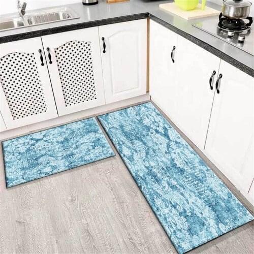 Retro European Flower Pattern Blue Kitchen Mats For Floor Flannel Bedroom Carpet Area Rug Non-slip Mat Entrance Hall Washable