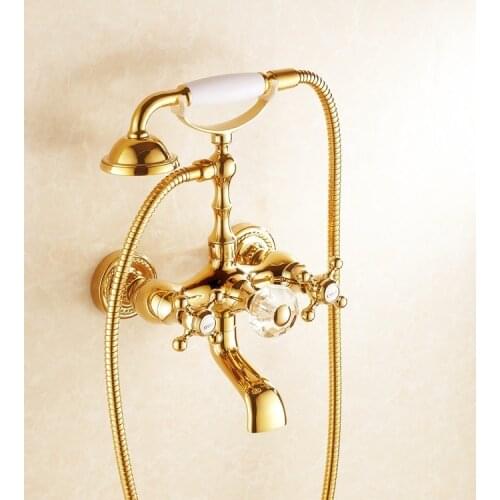 Luxury Crystal Handwheel Gold Bathroom Bathtub Shower Faucet Set Diverter Spray Mixer Tap Wall Mounted Brass Valve Accessories