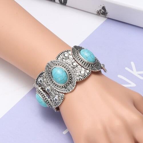 Bohemian Natural Stone Wide Bracelet Punk Style New Carved Flower Bracelet Bangle For Women Party Gift Ethnic Jewelry