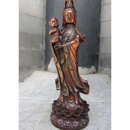Tibet Buddhism Red Copper Bronze Send Boy Guan Yin Kwan-yin Boddhisattva Statue