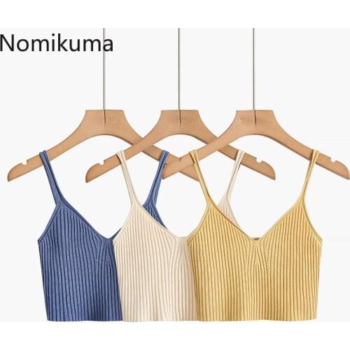Nomikuma Camisole Women Spaghetti Strap Tops Summer New Fashion V Neck Casual Basic Knitted Vest High Street Unicolor All-match