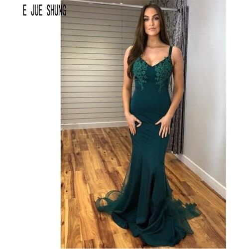 E JUE SHUNG Dusty Green Mermaid Evening Dresses Spaghetti Strap Lace Appliques Blackless Satin Prom Gowns Vestidos De Fiesta