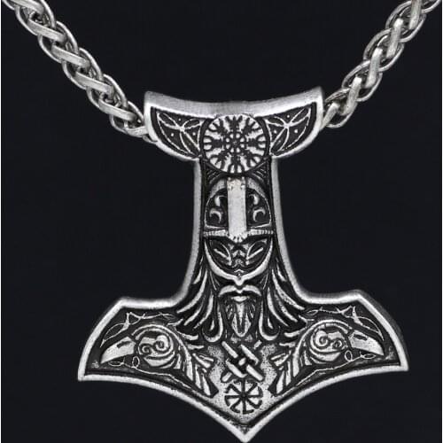 Youe Shone Men Viking Amulet Odin Face With Raven Thor Hammer Necklace Knot Pendant Metal Chain