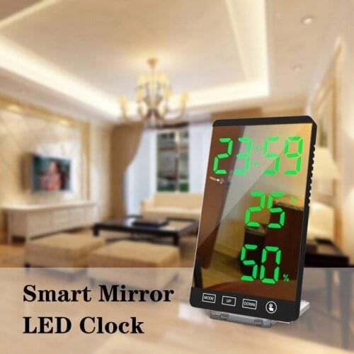 Mirror LED Clock 6Inch LED Time Temperature Humidity Display USB Output Port Touch Control Light Sensor Dimming Table Clock
