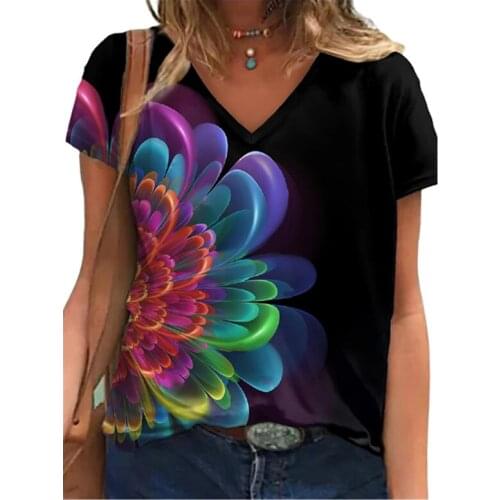 Flower T shirt women V-neck Short Sleeve Casual Vintage Floral Print Pullover Summer Loose Large Size Ladies Fashion T-shirt 5XL