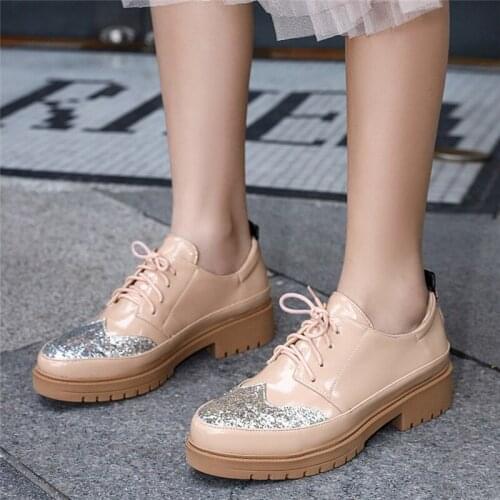 Platform Oxford Shoes for Women Flats Big Size Round Toe Patent Leather Retro Oxfords Lace up Bling Ladies Flat Shoes Pink Black