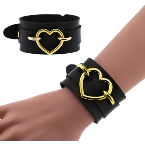 Punk Women Heart Ring Double Layer Faux Leather Bracelet Bangle Jewelry Gift