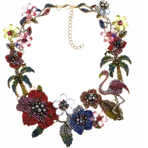 Colorful Crystal Rhinestone Flowers Flamingo Choker Necklace For Women Statement Large Collar Necklace Jewelry Female