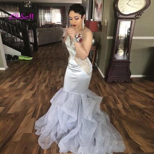 Silver Mermaid Prom Dresses Spaghetti Backless Ruffles Lace Appliques Beaded Women Formal Evening Party Gowns