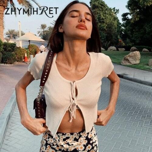 ZHYMIHRET Sweet Cropped Top Lace Up Short Sleeve Hollow Out Front Split O-Neck Women T-shirt Summer Sexy Tops Streetwear