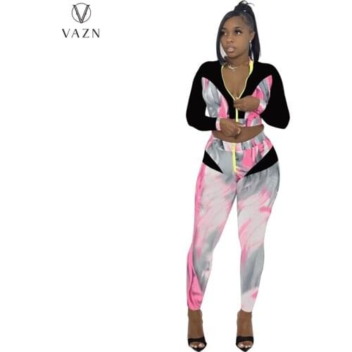 VAZN 2021 Autumn High Street Patchwork Sexy Young Full Sleeve Cloth Top Long Pants Slim 2PCs Set Women Suits