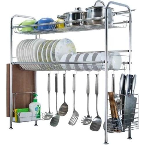 2 Tiers Stainless Steel Dishes Rack Dual Sink Drain Rack Adjustable Multi-use Kitchen Organizer Rack Dish Shelf Sink Drying Rack
