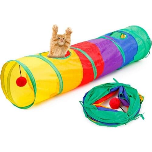 40% Hot Sales!!! Rainbow Pet Cat Kitten Collapsible 2 Holes Tunnel Toy Playing Tube with Ball