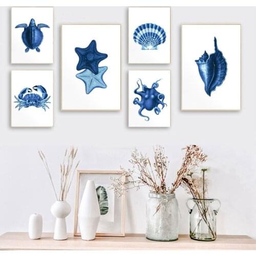 Blue Nautical Watercolor Posters and Prints Coastal Decor Marine Life Starfish Coral Tortoise Illustration Art Canvas Painting