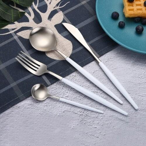 Best Hot Sale 4 Pcs/set White silver Dinnerware Set 304 Stainless Steel Western Cutlery Kitchen Food Tableware Dinner Set