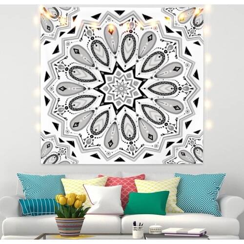 Black Bohemia Mandala Flower Tapestry for Livingroom Photography Wall Decor