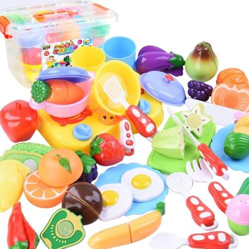 Kid 34pcs Mini Simulation Cartoon DIY Funny Kitchen Cutting Food Fruits Vegetable Knifes Pan Shovel Stove Pretend Role Play Toys
