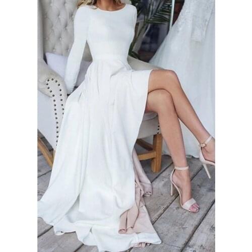 Elegant Front Short Back Long Full Sleeve Wedding Dress 2021 New Luxury O-neck Slim Vestido De Noiva With Train Plus Size