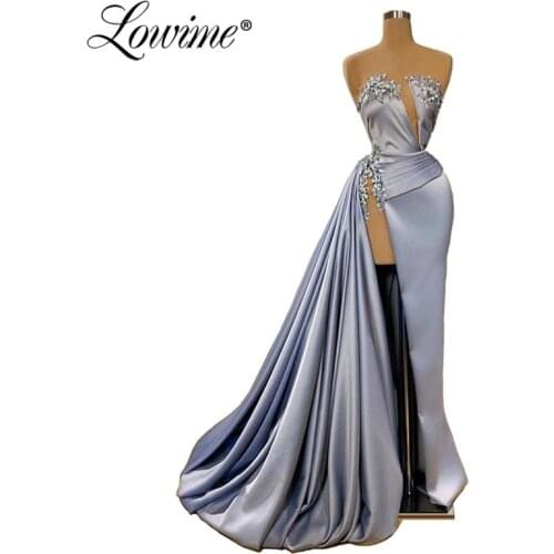 Hot Sexy High Split Silt Prom Dresses Beaded Crystals Special Occasion Women Evening Gown Strapless Party Dress 2020