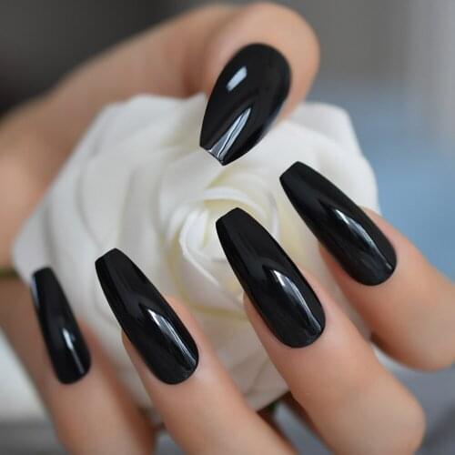 Classic Balck Cool Fake Nail Long Pure Color Shiny Nail Art Tips Full Cover Unique Coffin False Nails
