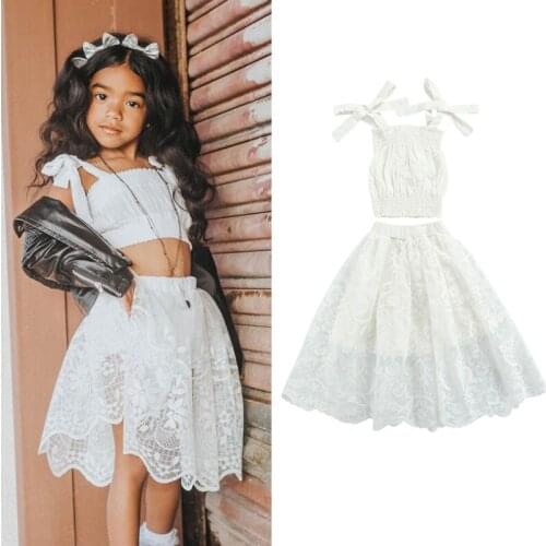 FOCUSNORM 2-7Y Summer Fashion Infant Girls Clothes Sets Lace Flowers Strap Sleeveless Belt Vest Tops Skirts 2pcs