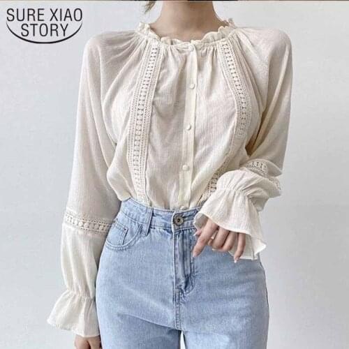 Korean Chic Long Sleeve Lace Sweet Blouse Women Stand-up Collar Tops Caidigan Splicing Shirts Blusas Mujer De Moda 2021 11776