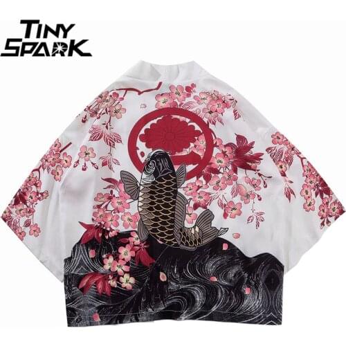 Japanese Kimono Jacket Koi Fish Printed Harajuku 2021 Hip Hop Men Japan Style Streetwear Jacket Summer Thin Clothes Loose Kimono
