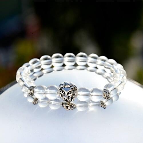 New 8MM Natural White Stone Beads Bracelet For Men Silver Color Lion Head Bileklik Women Elastic Braslet Jewelry Pulseras ABD003