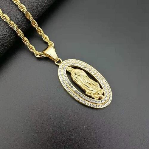 New Mens Our Lady of Guadalupe Medal Pendant Necklace in Stainless Steel Gold Tone Virgin Mary Patron Saint Medals Male Jewelry