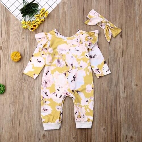 New Spring Autumn 2PCS Fashion Infant Baby Girl Clothes Floral Romper Bodysuit Overall Headband Outfit 0-18M