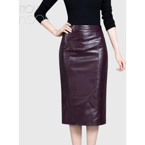 Novmoop genuine leather women skirt Italy chic and simple style split back hem black winered color LT3346