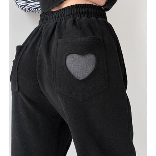 Solid Color High Waist 2021 Spring Casual Trouser Women Loose Drawstring Heart Pocket Tie Feet Sweatpants A680