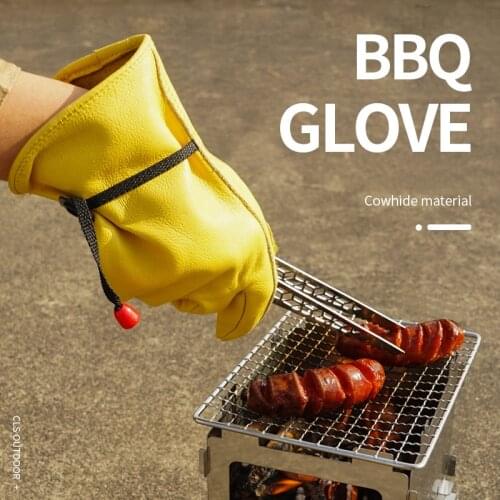 Outdoor Camping Barbecue Anti-Scald Gloves Cowhide Non-Slip Thick Wear-Resistant Labor Protection Welding Work Protective Gloves