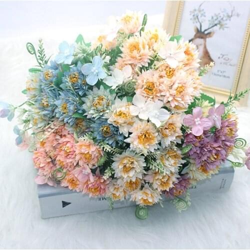 Peony fake flower 10 gerbera chrysanthemum high quality luxury bouquet wedding decoration home table decoration sky blue artific