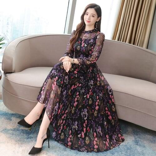 French platter Dress 2020 New Long-Sleeved Loose Dress Floral Chiffon Female Large Size Round Neck Blue Spring Womens Dress