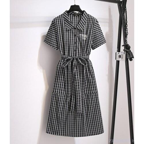 Womens fat sister black and white plaid dress mid-length over the knee was thin, summer plus fat plus size skirt 6xl130kg