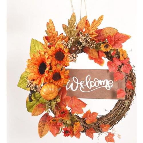 Sunflower Maple Leaf Wreath Emulational Wall Mount Thanksgiving Decoration Autumn Wooden Sign Half Wreath Halloween Ornaments