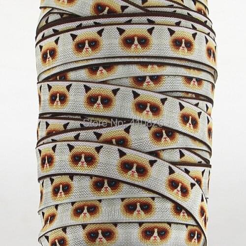 Q&N ribbon wholesale/OEM 5/8inch 150402007 cute cat printed folded over elastic FOE 50yds/roll free shipping
